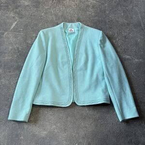 Vintage Bleyle Blazer Womens 10 Aqua Blue Textured Open Front Jacket Lined